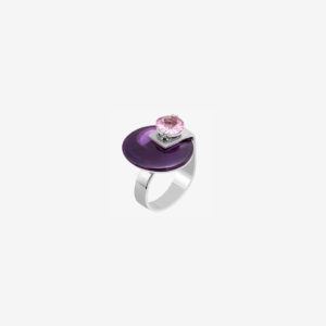 anillo artesanal Ula de plata de ley, cuarzo hidrotermal púrpura y circonita rosa